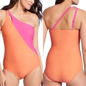 Lands End one piece one shoulder swimsuit hot pink & orange tummy control UPF50